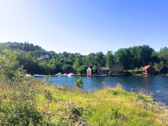 Grimstad gård sett fra neset som i Nattmannens datter kalles «Liljekonvallhaugen». (Foto: May Lis Ruus)